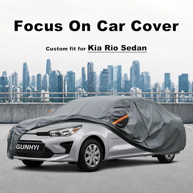 GUNHYI Premium Car Cover Custom Fit Kia Rio Sedan, 16 Layers Heavy Duty Car Cover Waterproof All Weather with Zipper Door for Sun Rain Snow Dust Uv Protection
