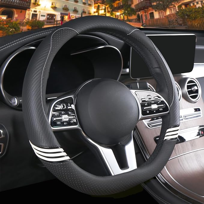 14 inch Cute Leather D Shape Steering Wheel Cover Black | Breathable Faux Leather and Carbon Fiber Flat Bottom Car Accessories for Women Men Small 13.5 inch to 14 inch