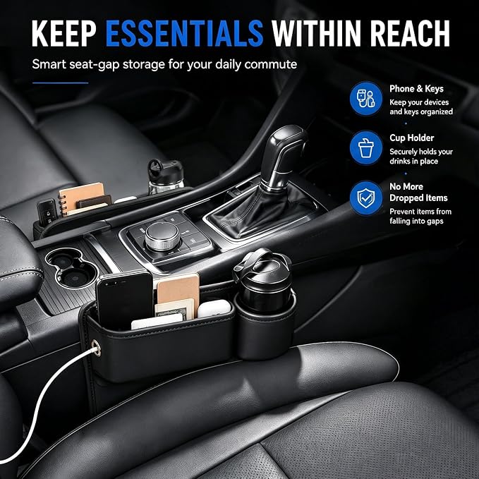 2 Pack Car Seat Gap Filler with Cup Holder – Anti-Drop Design | Universal PU Leather Seat Gap Organizer, Storage Box with Pockets & Cup Holders – Fits Most Vehicles
