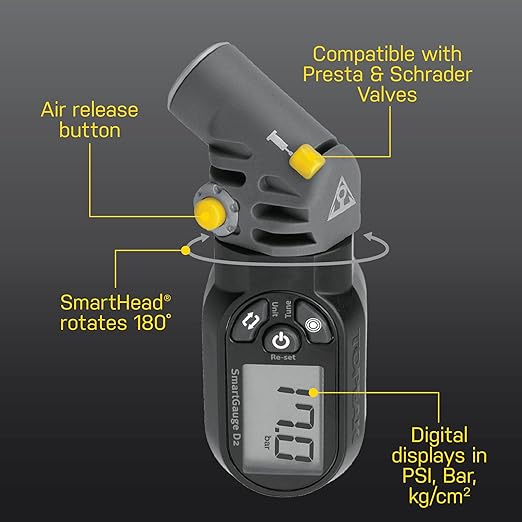 Topeak SmartGauge D2 Digital Tire Pressure Gauge – Presta/Schrader Compatible, 250 Psi/17 Bar, Precision Air Pressure Reader with LCD Display for Bikes, Motorcycles & Sports Equipment | bike-hand-tools