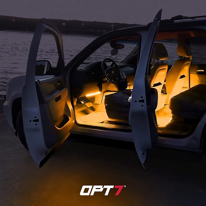 OPT7 Aura RGB Interior Car Lights with Remote Control, 4PC LED Strips Kit | Interior Ambient Glow, Sound Sync Lighting, 12V Car Charger, Flexible Light Strips, SUV Under Dash Decoration