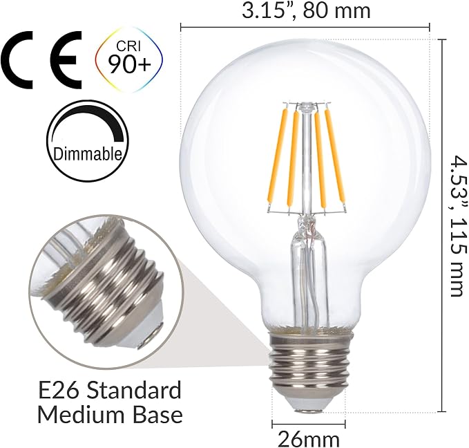Simba Lighting LED Edison Vintage Filament G25 4W 120V E26, 2700K, 6 Pack | Vanity Globe G80 Bulb, Dimmable 40W Equivalent for Bathroom Makeup Mirror, Medium E26 Base, CE, RoHS Compliant, Warm White