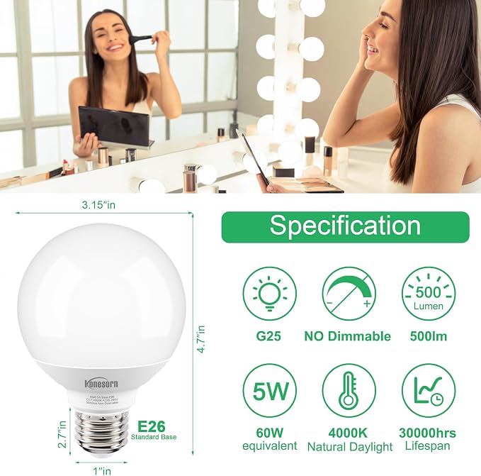 Honesorn 4 Pack G25 LED Globe Bulbs, 60W Equivalent, 4000K Natural Daylight White, E26 Base for Bathroom Vanity Over Mirror, 120V CRI85+ 500LM Non-dimmable