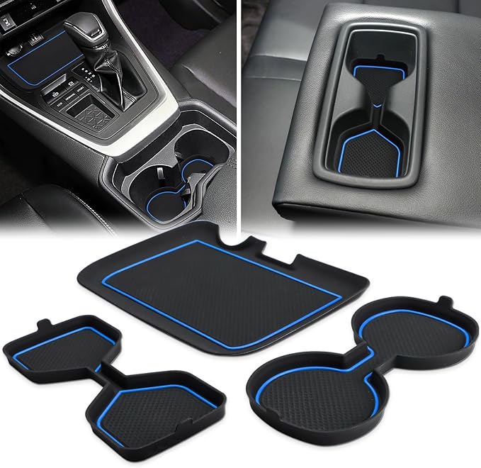 Auovo 3D Cup Holder Insert Liners Compatible with Toyota RAV4 Accessories 2025 2024 2023 2022 2021 2020 2019 Car Custom Cup Holder Mats Pads 3-pc Set (Blue Trim)