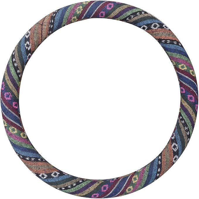Ethnic Style Coarse Flax Cloth Automotive Steering Wheel Cover Anti Slip and Sweat Absorption Auto Car Wrap Cover (C, 15.25''-16'')