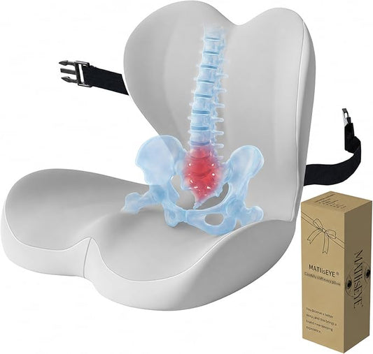 Ergonomic Memory Foam Seat Cushion with Strap for Office Chair, Light Grey | Contoured coccyx cutout supports back and butt, with a non-slip base and washable cover for office chairs and cars.
