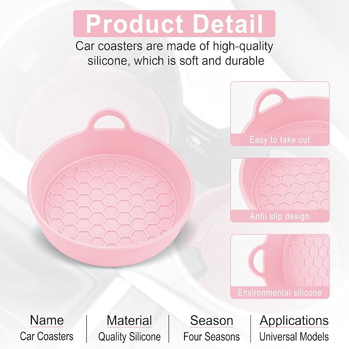 SINGARO Car Cup Holder Coaster, 4PCS Silicone Cup Holder Insert, Universal Non-Slip Cup Holders, Car Interior Accessories for Women and Man, Pink
