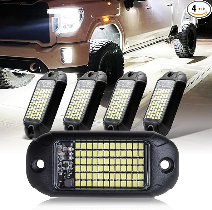 Nicoko 4Pods Pure White 72 LEDs SMD Chips 72w High Power Rock Lights Super Bright White Offroad Car Boat Underglow Lights IP68 Waterproof for Truck SUV UTV ATV RZR
