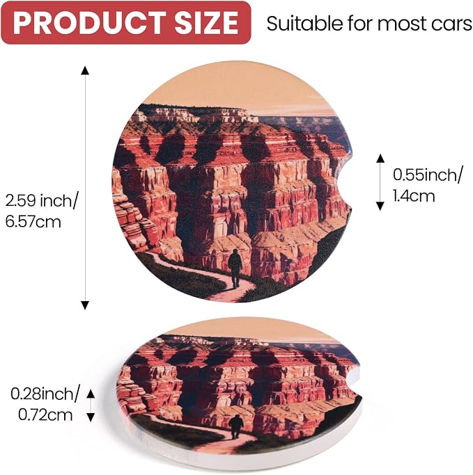 2 Pack Car Coasters for Cup Holders, Absorbent Ceramic Stone Cup Coaster with Non-Slip Cork Base&Finger Notch, Grand Canyon Hiking Landscape Auto Interior Accessories, Universal 2.59 Inch