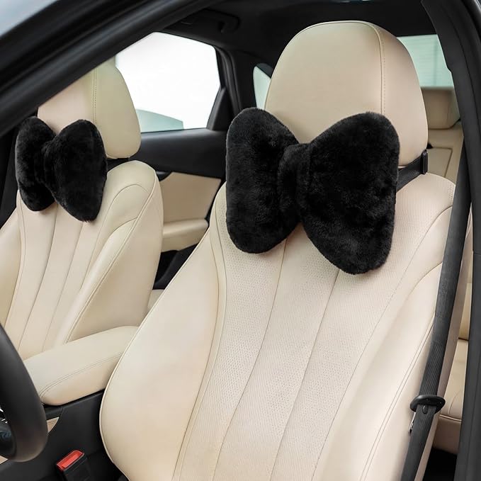 Macarrie 2 Pcs Black Car Neck Pillow Imitation Rabbit Fur Bow Pillow | Soft Comfortable Seat Headrest Support, Cute Bow Car Accessories, Driving Travel Driver Chair Girl Interior Decor, Solid