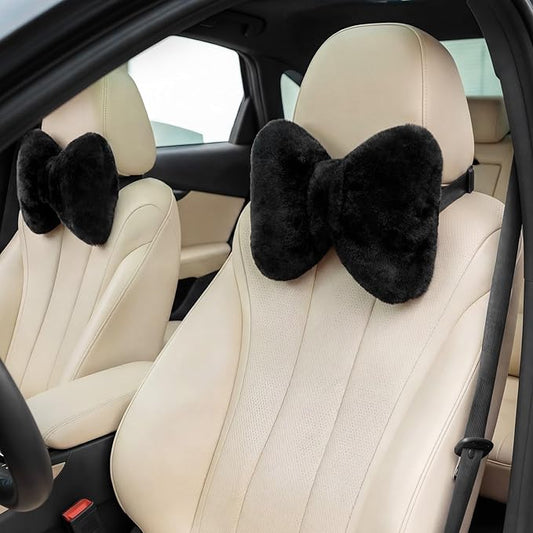 Macarrie 2 Pcs Black Car Neck Pillow Imitation Rabbit Fur Bow Pillow | Soft Comfortable Seat Headrest Support, Cute Bow Car Accessories, Driving Travel Driver Chair Girl Interior Decor, Solid