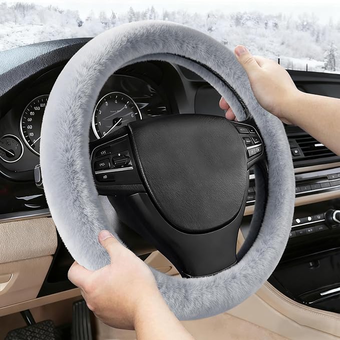 Furry Warm Steering Wheel Cover, Universal 14.5-15 Inch Winter Plush Warm Steering Wheel Cover, Soft Fluffy, Anti-Slip Design, Soft Texture (Gray)