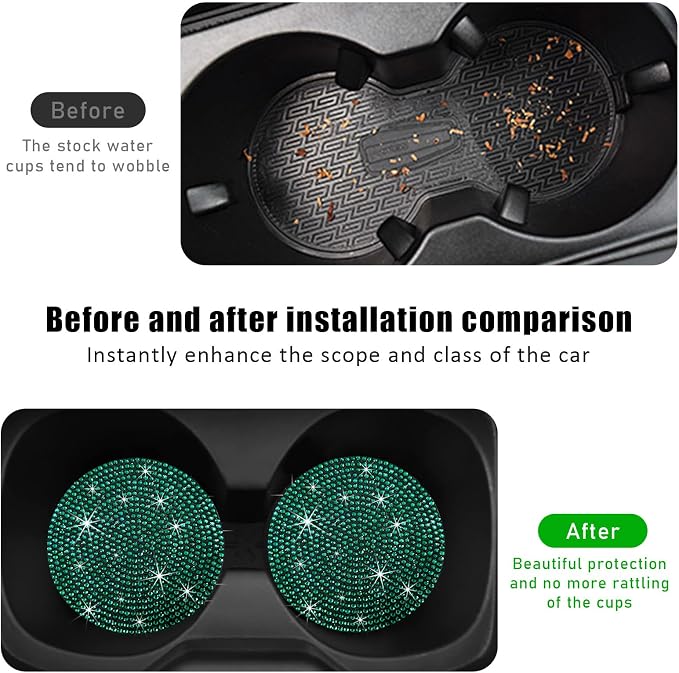 Ziciner 2PCS Bling Car Cup Holder Coaster, 2.73 Inch Anti-Slip Cup Insert Coasters, Crystal Rhinestone Auto Drink Cup Mat, Universal Interior Decor Car Accessories for Women Girls (Green)