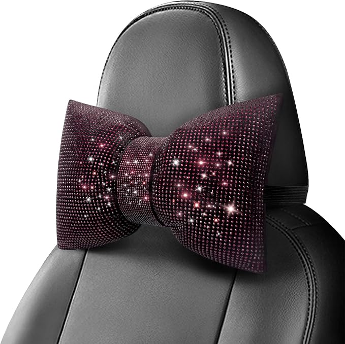 surpassme 2PCS Rhinestone Car Headrest Neck Pillow for Driving with Bling Bling Crystal Bow Pillow Car Accessories for Women (Purple)