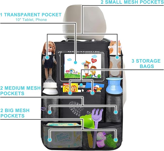 Matenf Backseat Car Organizer with 9 Storage Pockets | 10" Tablet Holder, Keep Car Organized & Tidy, Seat Back Cover for Kid Toddler, Kick Mats Protector, Travel Accessories, 1 Pcs