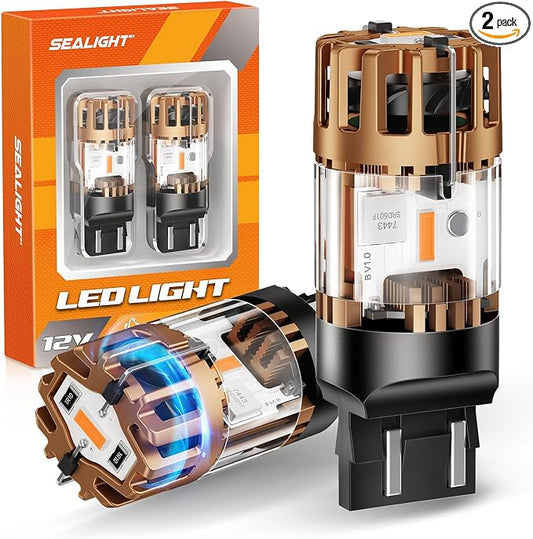 SEALIGHT 7443 7440 LED Bulb Amber, 2025 Canbus 7444na Front/Rear Turn Signal Bulb with Built In Resistor Anti Hyper Flash 7440a W21W 7441 WY21W T20, 1860-SMD Chips, CK & Standard Socket (Pack of 2)