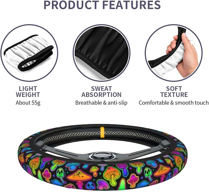 Mushroom Steering Wheel Cover Anti-Slip Universal for 14.5-15 Inch Car Steering Wheel Cover with 2 Pieces Car Coasters Suitable for Men Women