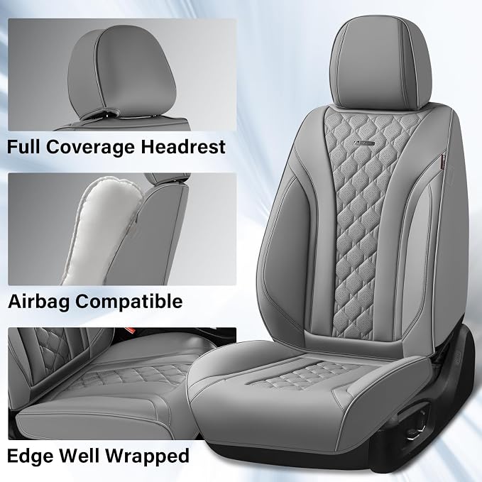 Coverado Car Seat Covers Front Seats, Gray Seat Covers, Breathable Perforated Design, Luxurious Diamond Leather Car Seat Cover, 2 Pack Car Seat Protector Front Seat Cover Universal Fit Most Cars