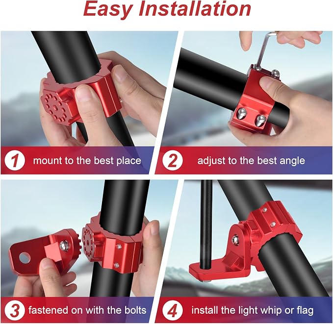 ZIDIYORUO UTV Flag Whip Mounts for 1.75-2in Roll Cage/Bar, Red CNC Al, 2PCS | Holds flags & LED UTV whip lights, 360 rotation clamp for 1.75-2in cages/Round bars, No-drill, Red anodized aluminum