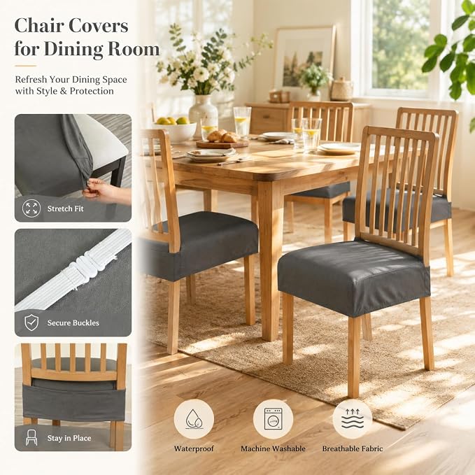 NILUOH Waterproof Seat Covers for Dining Room Chairs Set of 4, Stretch Chair Seat Slipcovers Dining Chair Cover Removable Washable Chair Protctor Cover, Rear Covers (Light Gray)