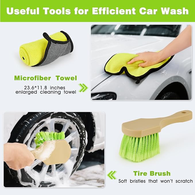 7-in-1 Car Wash Brush Kit with 15° Curved Long Handle for Cars | Car Cleaning Kit with 2 Replaceable Car Washing Mop, Wash Sponge, Mitt, Towel, Tire Brush for RV SUV Truck, Green