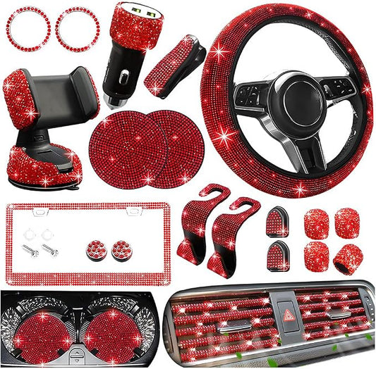 27PCS Bling Car Accessories Set for Women, 14.5-15" Rhinestone Steering Wheel Cover Cup Coaster, USB Charger Phone Holder Headrest Hook, Diamond Auto Interior Decor, Universal Fit (Red)