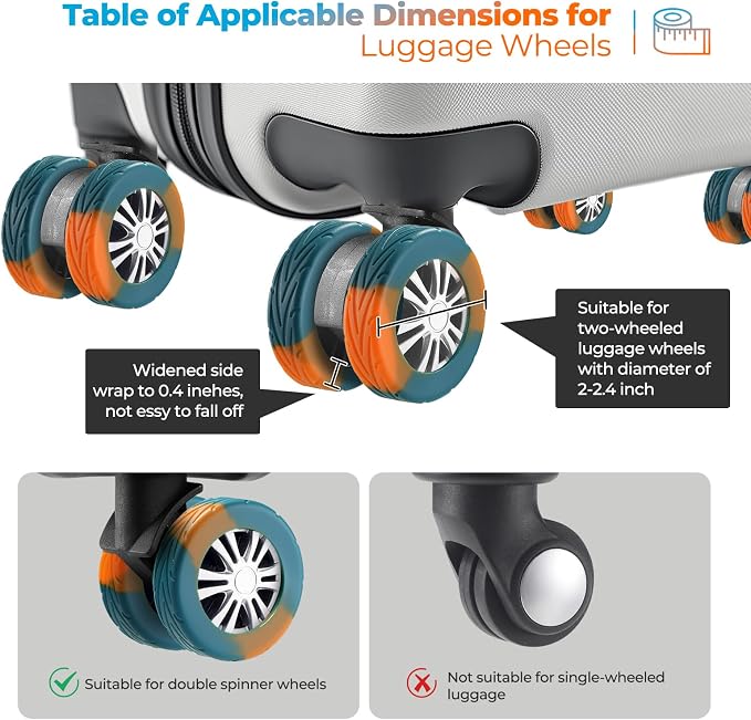 8Pcs Upgrade Luggage Wheel Covers,Travel Accessories (Deep Teal/Orange) | Wear-resistant & anti-noise silicone covers. Fits 2-2.4" wheels. Protects suitcase wheels. Travel essential for suitcases