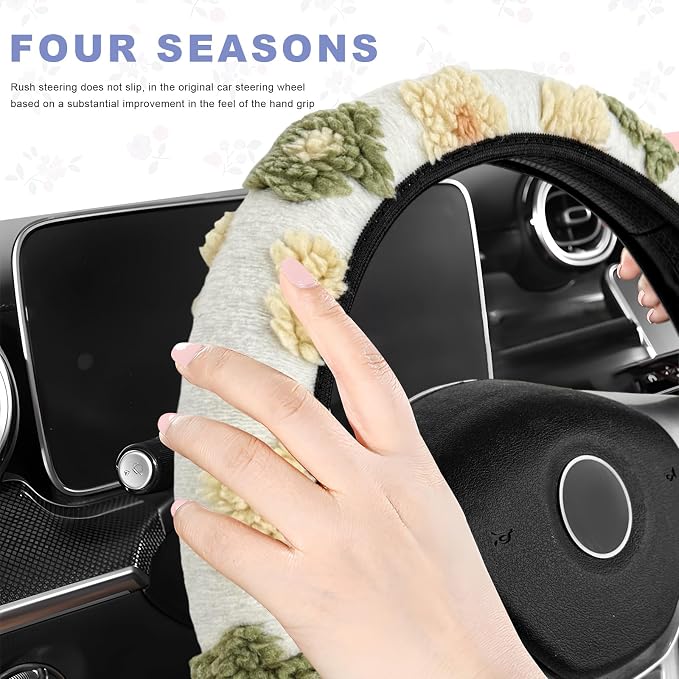 Plush Flowers Steering Wheel Cover, 15 inch Anti-Slip Breathable Steering Wheel Protector Cute Floral Decor, Elastic Soft Wheel Cover Universal Fit for Most Vehicles (Beige)