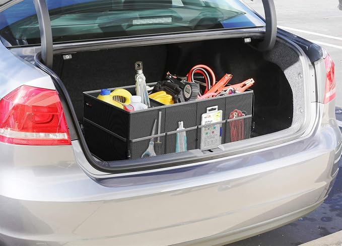 EPAuto Foldable Car Trunk Organizer for SUV, 3-Compartment, Black | with Removable Divider, Side Pockets and Securing Straps