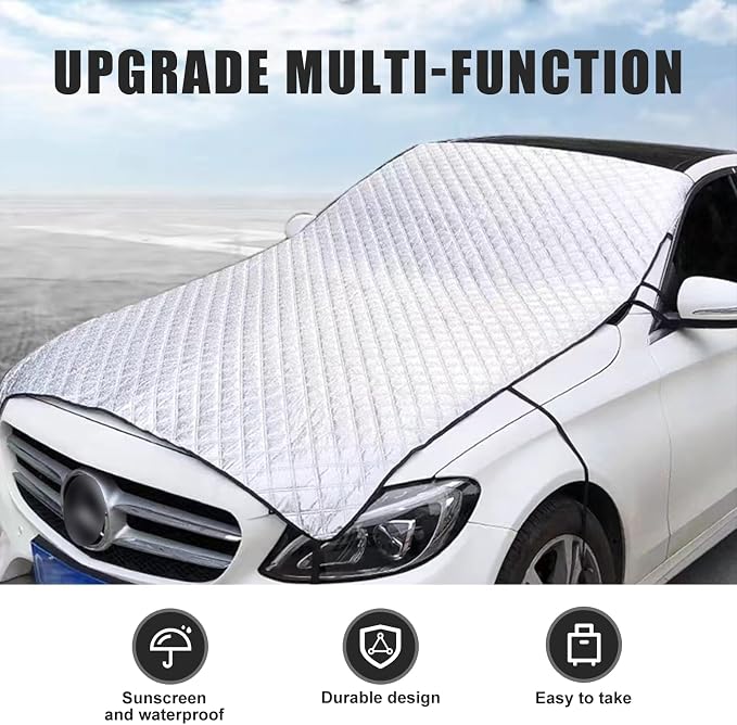 1 PC Car Half Car Cover Sunshade, Windshield Hood All-Season Protection Waterproof Dustproof Frostproof Portable Car Cloth, Outdoor Indoor Foldable Protective Cover, Universal for Cars (Silver)