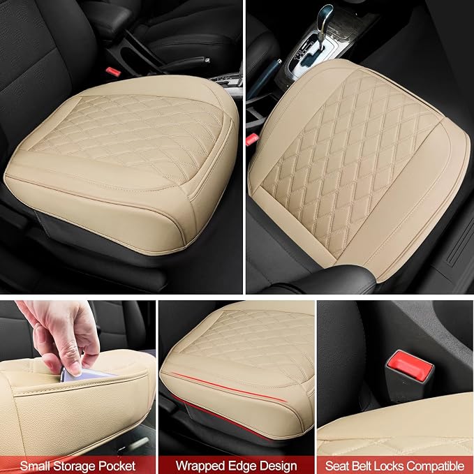 BEITK 1 Pack Leather Front Car Seat Cover Bottom Car Seat, Anti-Slip and Full Wrap Driver Car Seat Protectors, Luxury Waterproof Bottom Auto Seat Cushion Pad Mat for Most Vehicles(Red)