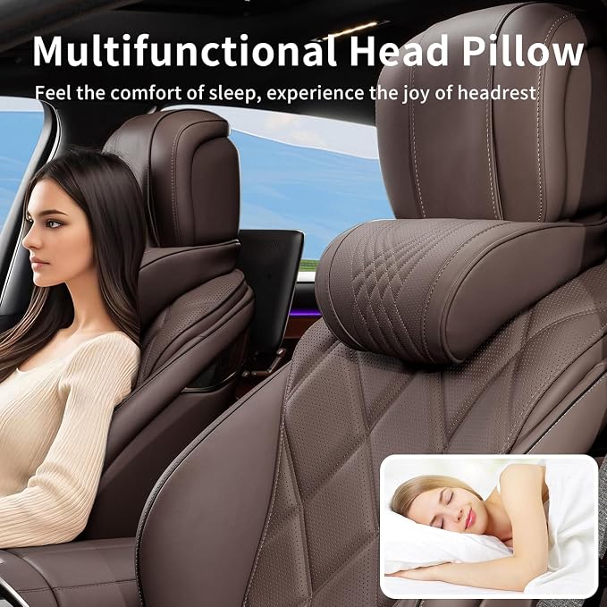 Car Headrest Memory Foam Neck Pillow for Driving with Leather Cover Soft Comfortable Seat Head Pillow Cushion for Most Cars SUV Sedan Home Office Brown (2PC)