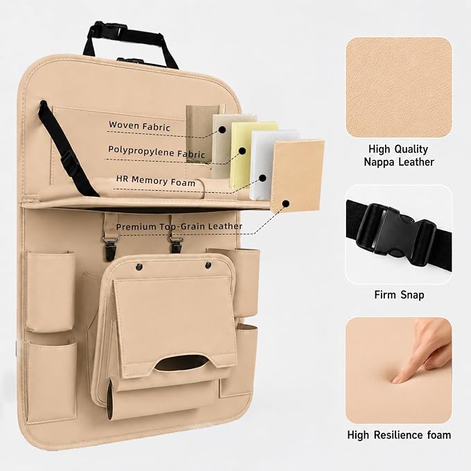 Backseat Car Organizer with Tray, 2 Pack Leather Seat Storage, Cream | Foldable Tray Table,Trash Can Pocket,Kick Mat Protector,Easy-Clean Leather,2 Pack for Front Seats