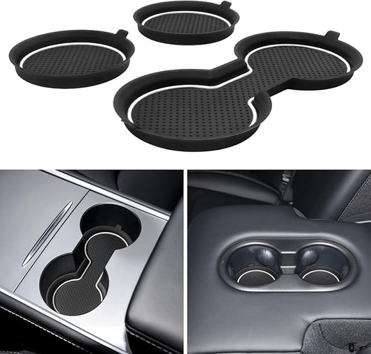 for Tesla Model 3 Accessories 2021-2023 Model Y 2021-2024 2025 Cup Holder Inserts Center Console Liner Coasters Mat Pad Interior Decoration 3D Silicone (White Trim, 3 pcs)