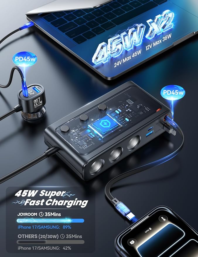 227W 9 in 1 Cigarette Lighter Splitter, PD36W *2 & QC3.0 Fast Car Charger | Retractable USB C Fast Charger, 12V/24V Car Charger, 31.5IN Retractable Cords & 39.6IN Extension Cord, LED Voltage Display