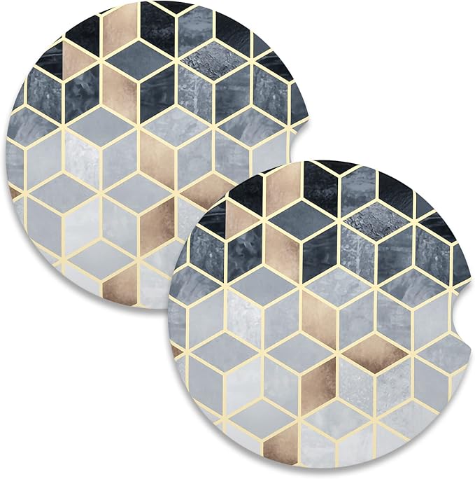Nipichsha Car Coaster for Cup Holders, 2 Pack Absorbent Ceramic Car Cup Holder Coaster for Drinks, Cute Auto Assecories for Women Men, Size 2.56 in with Finger Notch & Cork Base, Gray Gold Rhombus