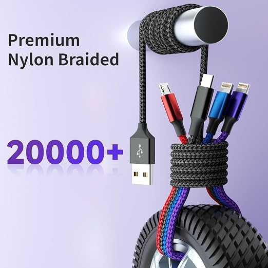 Dual IP 4 in 1 Multi Charging Cable, 1 Pack 5FT USB Charging Cord | IP/IP, USB C & Micro Ports, Nylon Braided Phone Charger Cable for Multiple Devices, Car & Travel Essentials