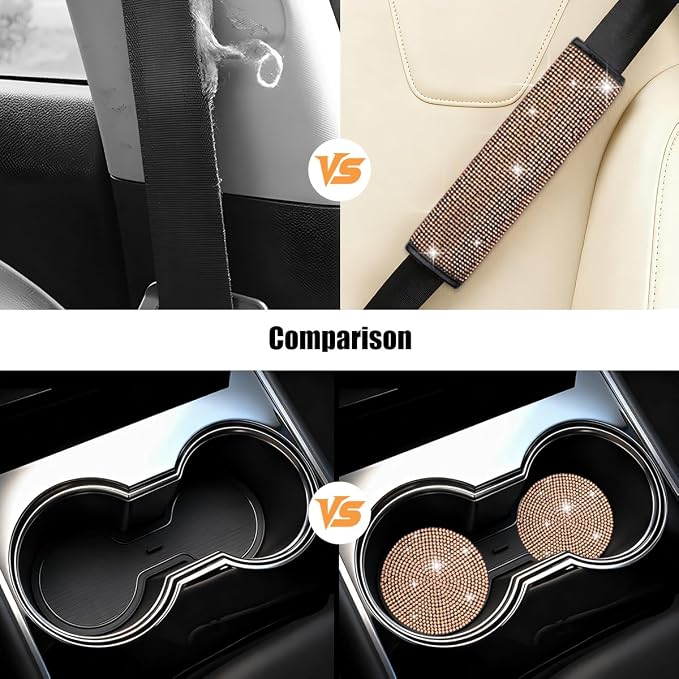 11PCS/Set Bling Car Accessories Set for Women, Rhinestone Vehicle Steering Wheel Cover Seat Belt Cushion Gear Shift Protector Cup Holder Coaster, Universal Automotive Accessories (Champange)