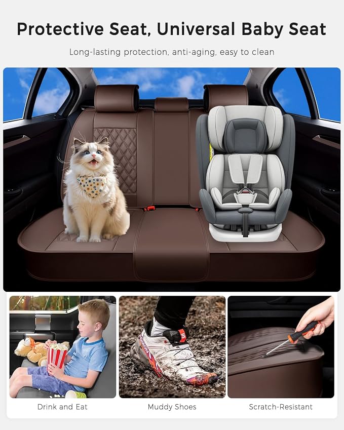 Huidasource Coffee Back Seat Cover, Nappa Leather Rear Seat Cover Velcro Adjustable, Compatible with Seat Belts, Child Safety Seats, Universal Fit for Most Cars SUVs Trucks (Back Row/Coffee)
