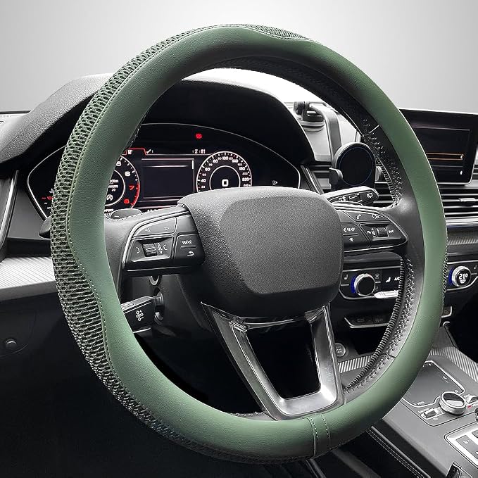 LKWLIKEI Car Steering Wheel Cover, Universal 15 inch, the Latest Microfiber Leather Breathable Technology Fabric, Non-Slip, Comfortable, Warm in Winter and Cool in Summer, Green