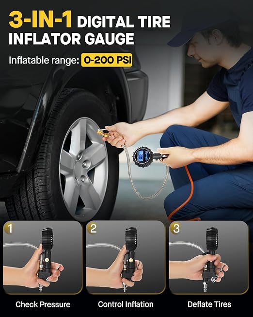Vondior Digital Tire Inflator with Pressure Gauge 200 PSI - Large 2" Digital Dial, Heavy Duty Air Chuck and Compressor Accessories with Tire Tread Depth Gauge and Quick Connect Coupler Car Accessories