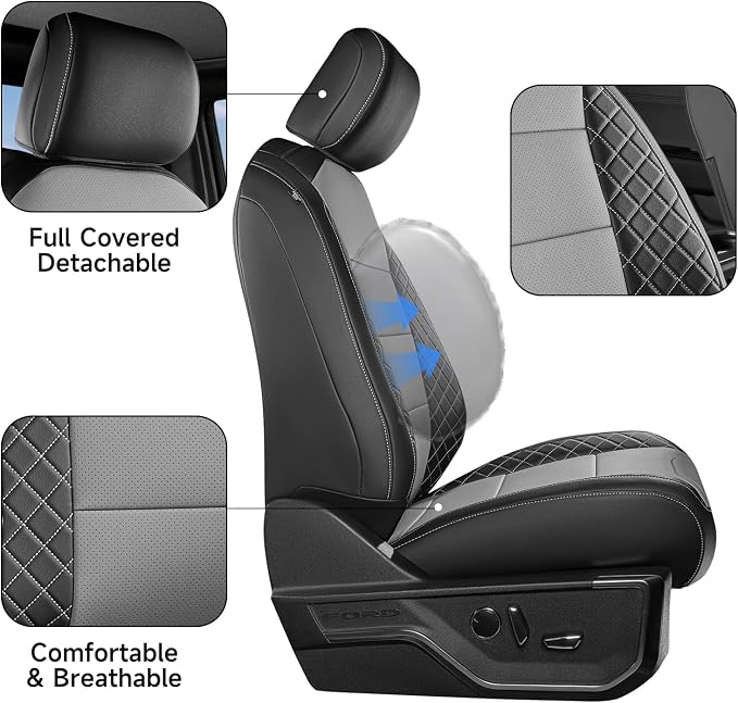 F150 Seat Covers, Custom Fit for Ford 2021-2026 F150 XL XLT STX Super Crew Cab, 2023-2026 F250 F350 F450 XL XLT Crew Cab, Truck Seat Cover Full Set, Leather, Black & Grey