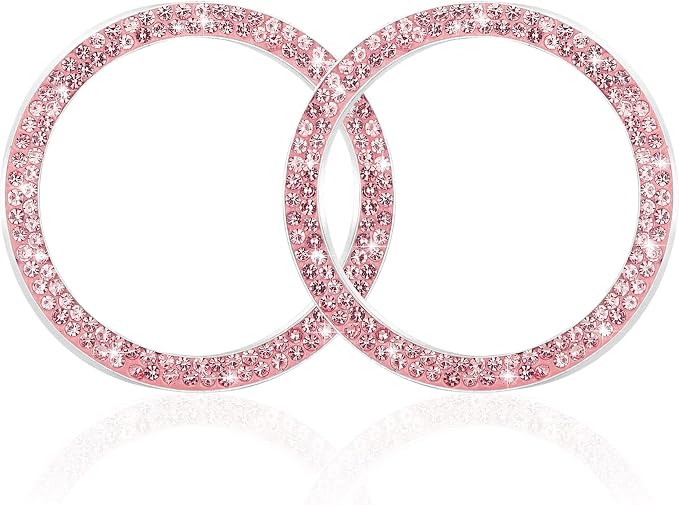 WINKA 2pcs Bling Car Engine Start Button Cover Diamond Crystal Push Start Stop Button Ring Sparkly Bling Ignition Button Cover Rhinestone Keyless Ignition Ring Universal Car Accessories (Pink)
