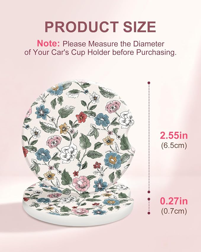 Swooflia Floral Absorbent Ceramic Car Coasters Set of 2, Cute Botanical Wildflower Cup Holder Coasters for Car, Pink Blue Flower Car Accessories for Women, Unique Gifts for Mom, Friends, Teachers