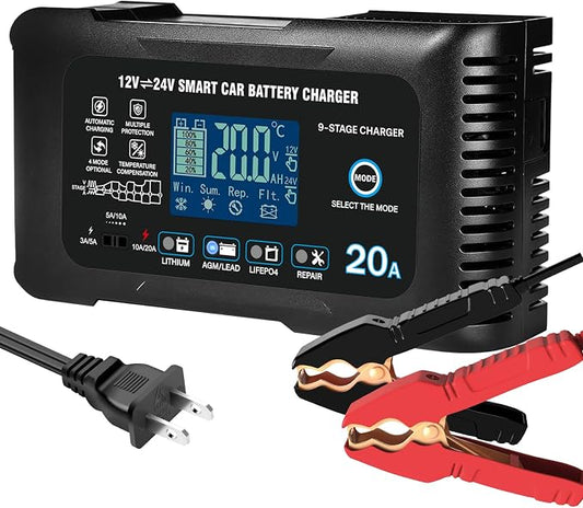 20Amp: 12/24V Smart Car Battery Charger – Automatic Maintainer, Trickle Charger & Desulfator with Overcharge Protection & Temperature Compensation – for Lead-Acid & Lithium & LiFePO4 Batteries