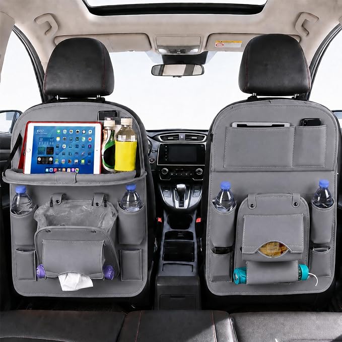 2 Pack Car Backseat Organizer with Foldable Table Tray, PU Leather Seat Back Organizer with Trash Bin, Tablet Holder, Kick Mat Protector, Back Seat Storage for Cars, Gray