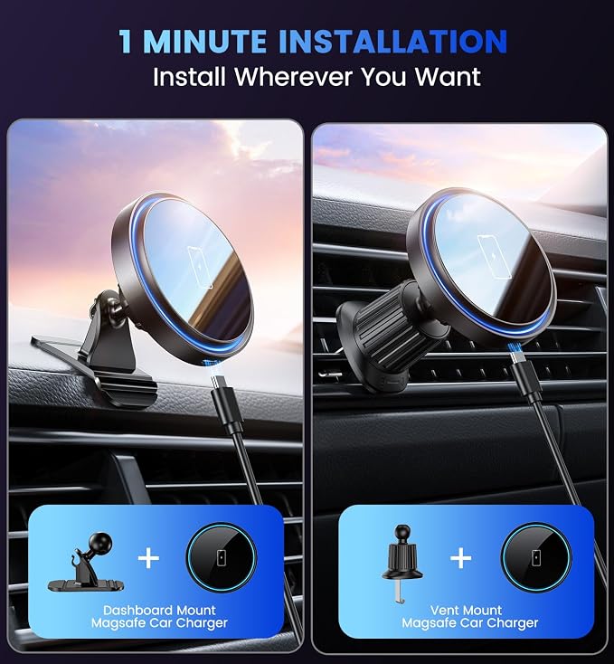 Magnetic Car Charger Mount 15W for iPhone 17-12 Pro Max | N52 Strong Magnets, 360° Rotation, Dashboard & Vent Mount, Compatible with Magnetic Cases, Gift for Men, Black