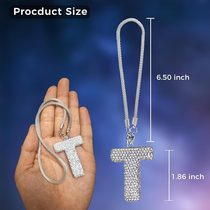 Bling Car Accessories for Women Letter Charm, Rear View Mirror Ornament Cute Hanging Crystal Pendant Girl Car Decorations, Lucky Diamond Rhinestone Girly Charm Interior (White T)