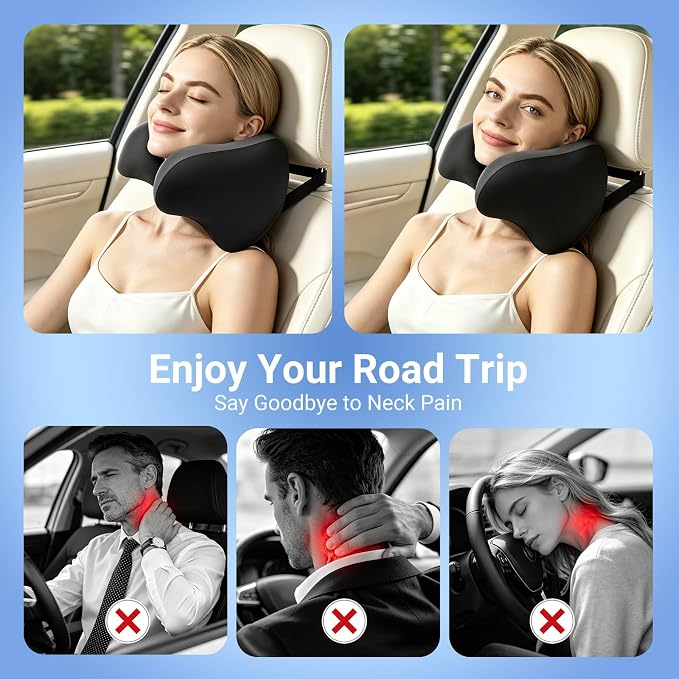RURISUN U Shaped Pillow,Car Headrest Pillow, for Sleeping with Adjustable Strap Travel Cervical Neck Pillow,100% Memory Foam Breathable Removable Cover(Gray, 1PC)