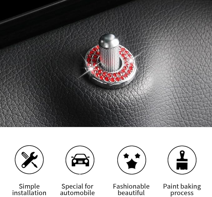 JOYCOURT 4Pack Bling Car Inner Door Lock Pull Stickers, Red | Rhinestone Bling Car Pull Rod Bolt Decoration Cover Interior Car Accessories, for Mercedes-Benz A/B/C/E Class GLC GLA GLK GLA